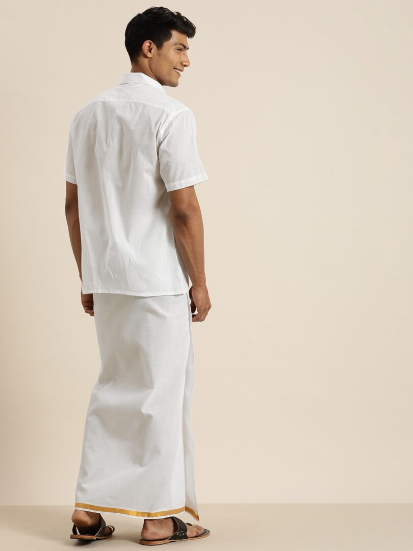 Men's White And White Pure Cotton Shirt And Mundu