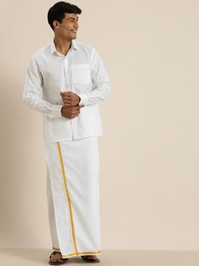 Men's White Cotton Ethnic Shirt And Mundu