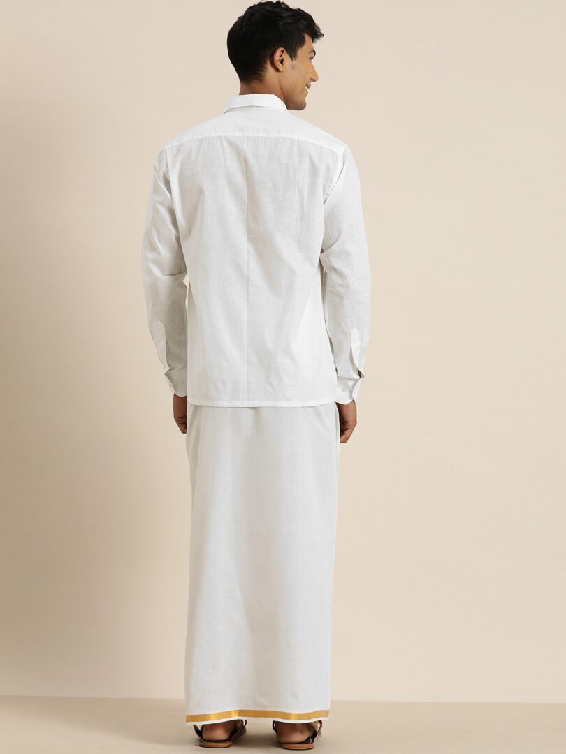 Men's White Cotton Ethnic Shirt And Mundu