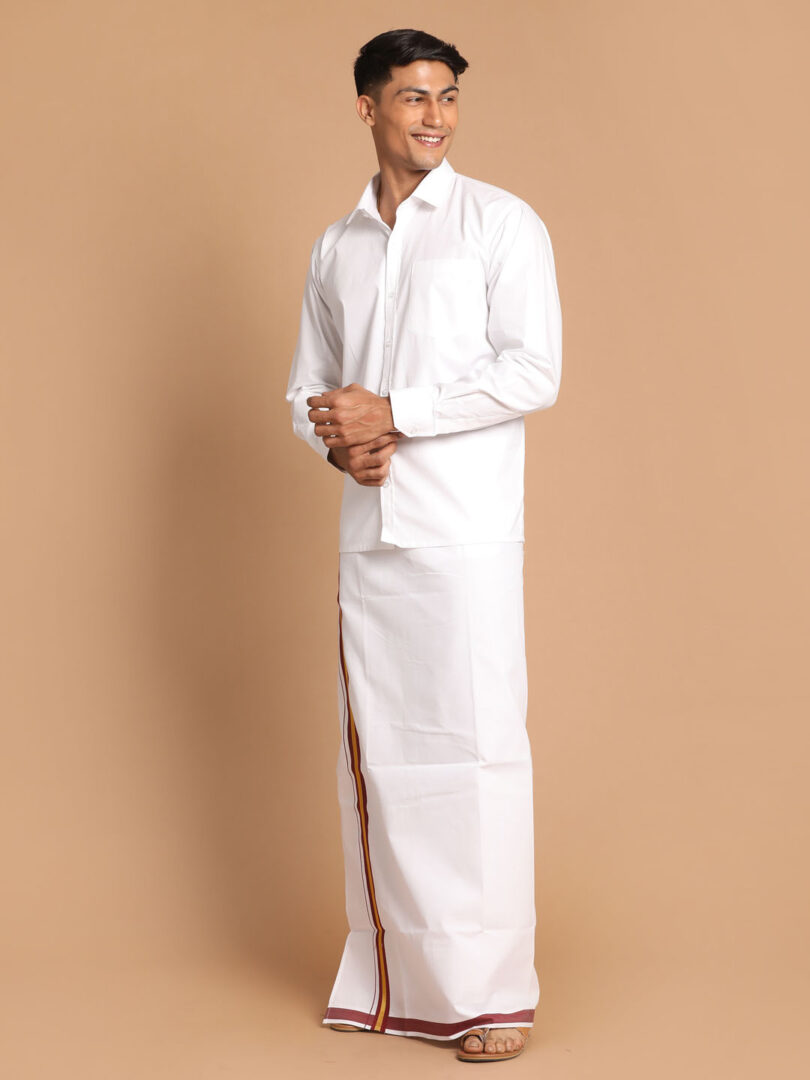Men's White Pure Cotton Shirt And Mundu