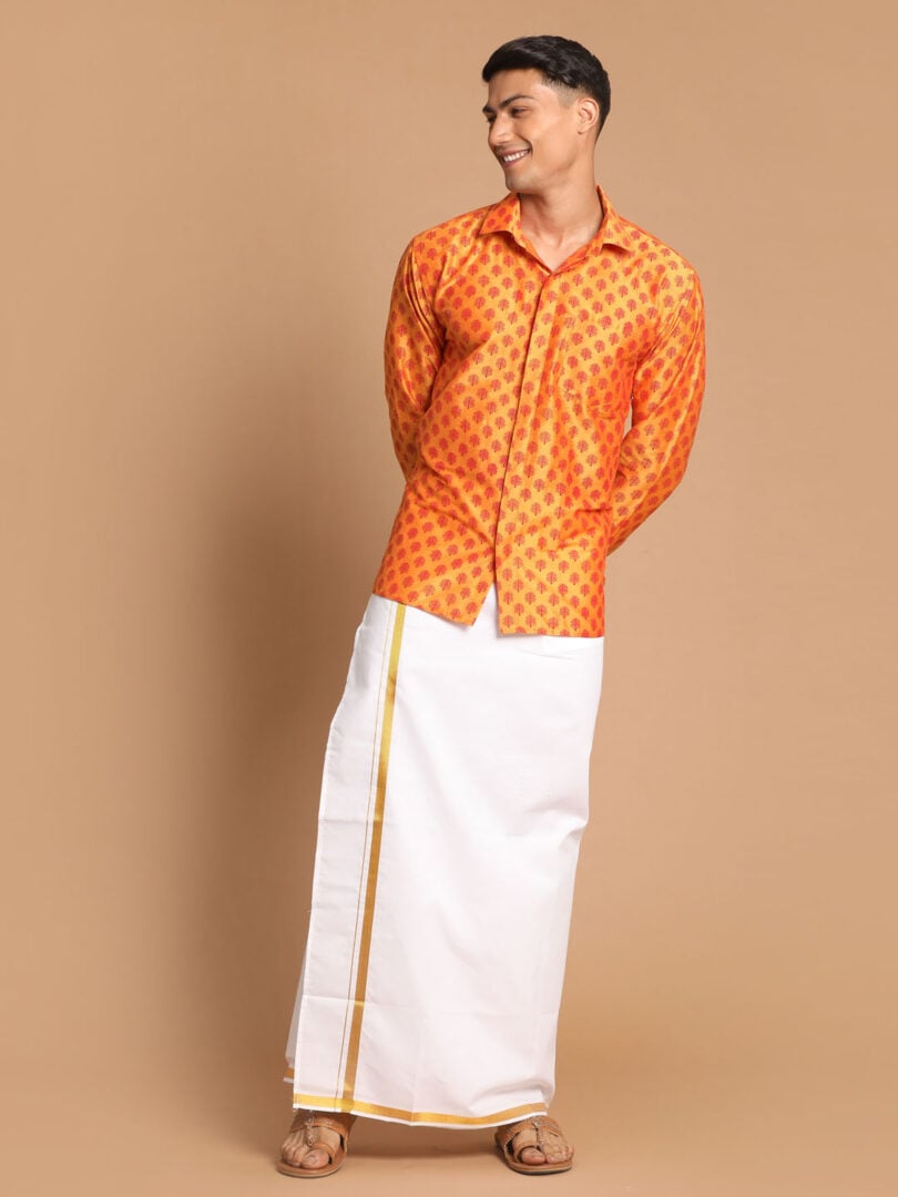 Men's Orange Poly Viscose Shirt And Mundu