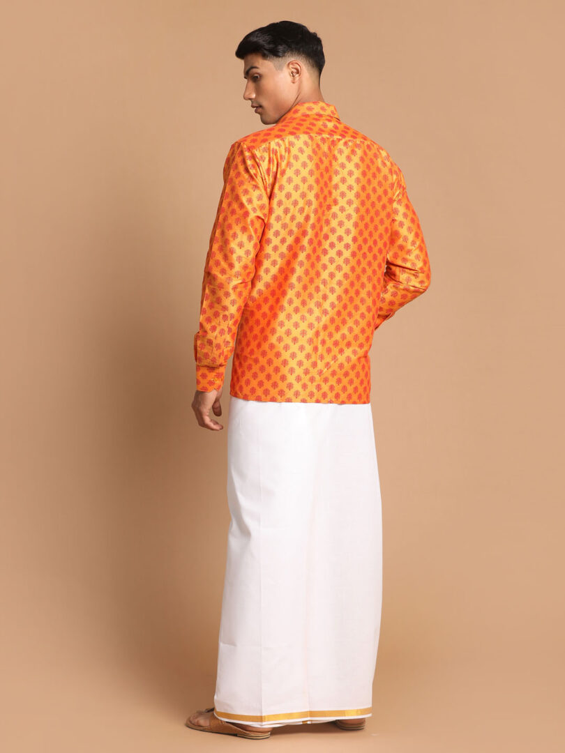 Men's Orange Poly Viscose Shirt And Mundu