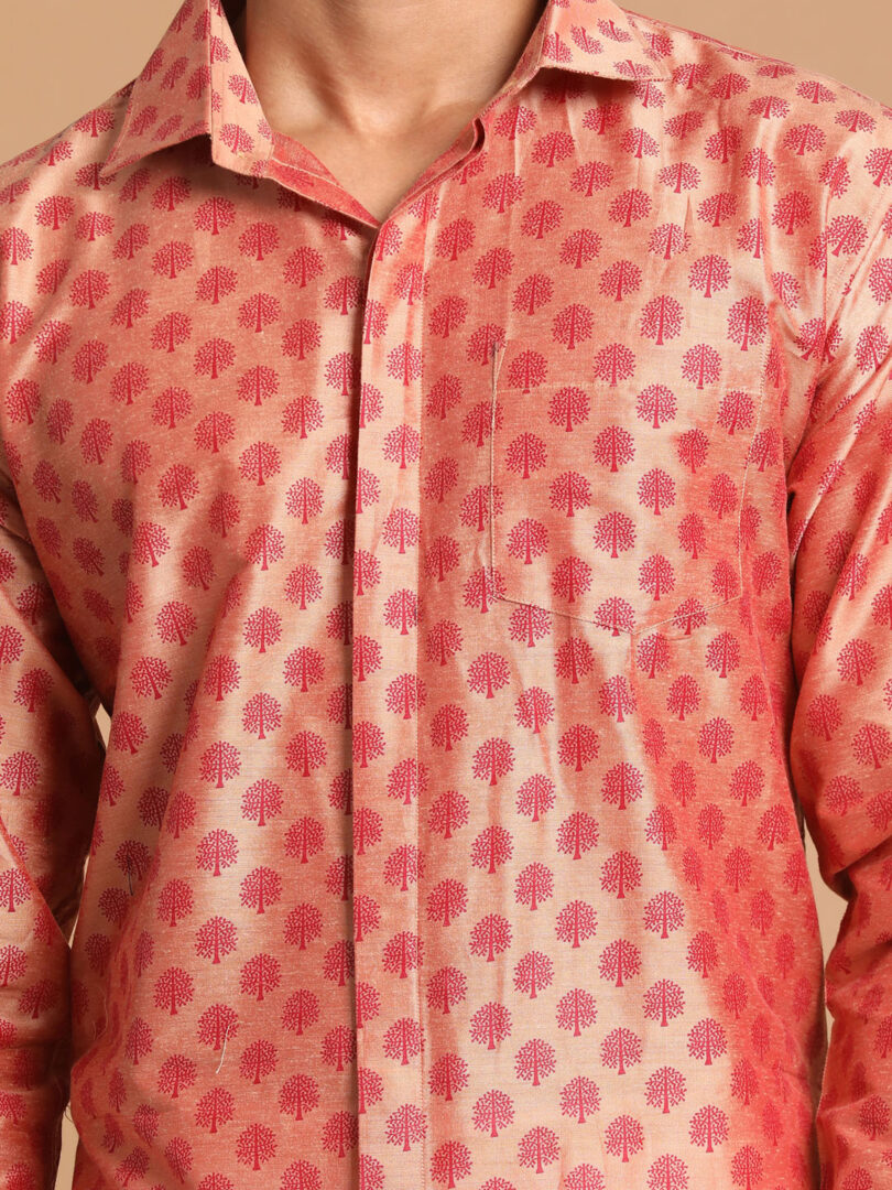 Men's Pink Poly Viscose Shirt And Mundu