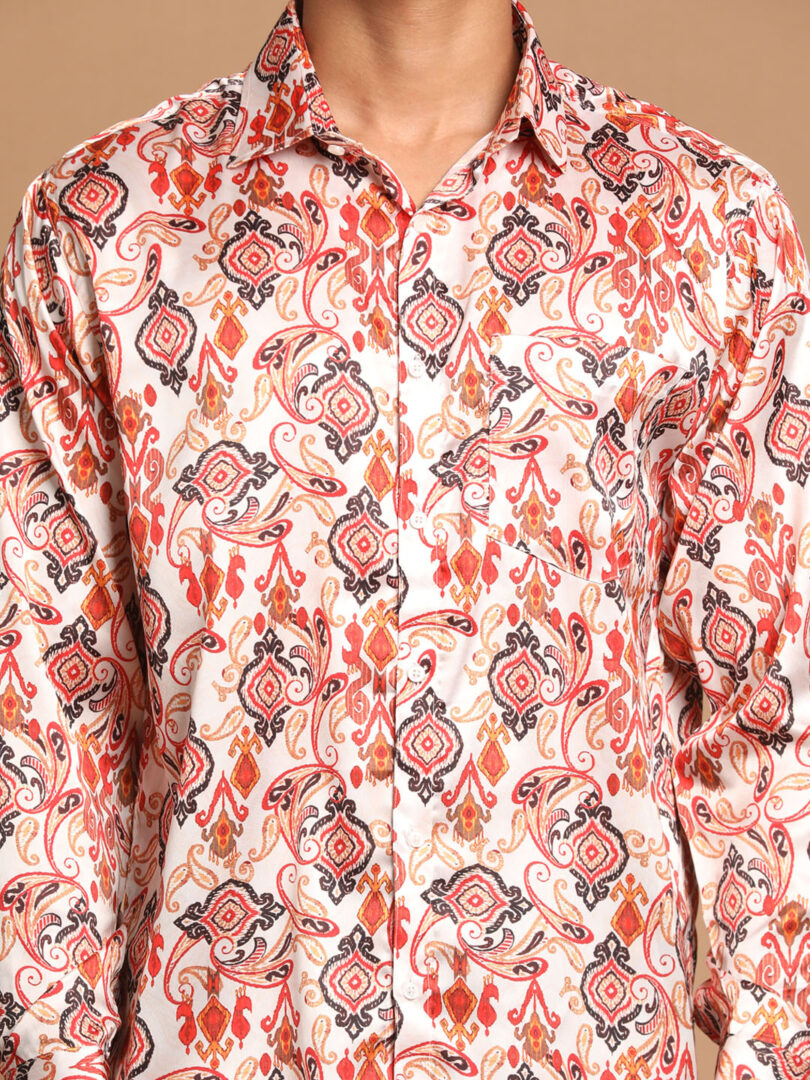 Men's Multicolored-Base-Cream Satin Ethnic Shirt