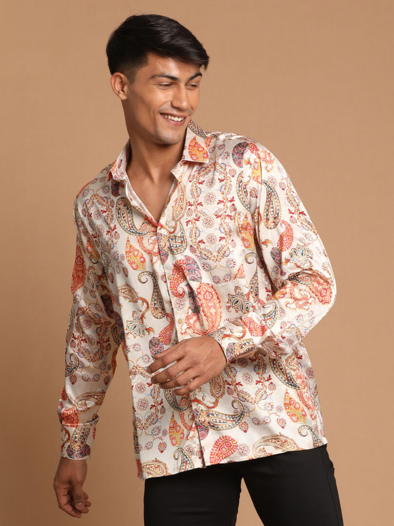 Men's Multicolored-Base-Beige Satin Ethnic Shirt