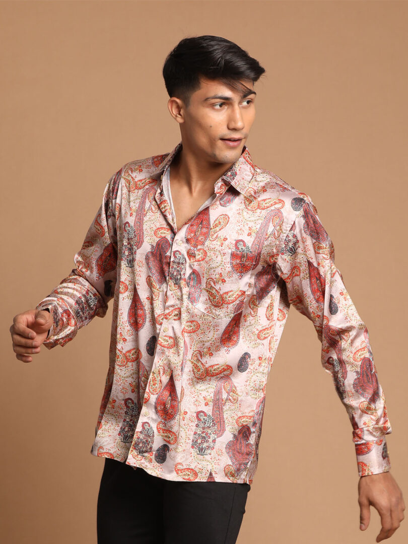 Men's Multicolored-Base-Brown Satin Ethnic Shirt