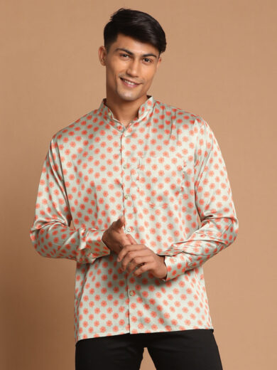 Men's Multicolored-Base-Mint Satin Ethnic Shirt