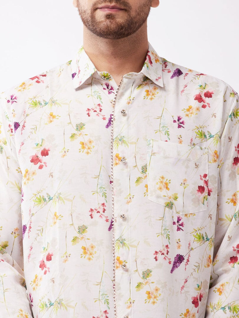 Men's Multicolor-Base-Cream Muslin Blend Ethnic Shirt
