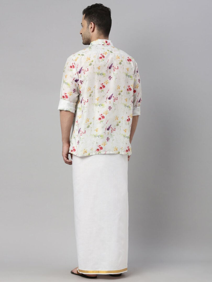 Men's Multicolor-Base-Cream Muslin Ethnic Shirt And Mundu Set