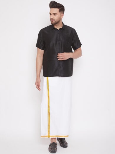 Men's Black and White Silk Blend Shirt And Mundu