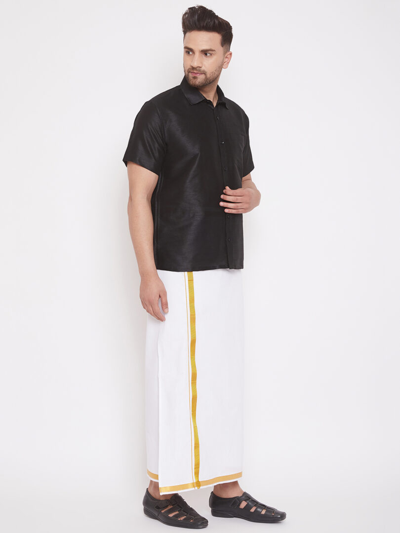 Men's Black and White Silk Blend Shirt And Mundu