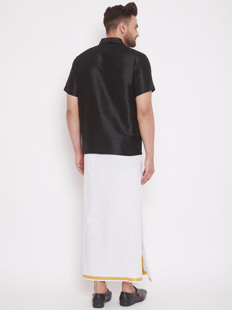 Men's Black and White Silk Blend Shirt And Mundu