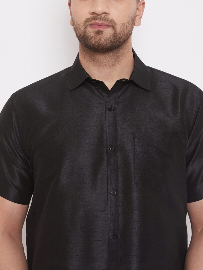 Men's Black and White Silk Blend Shirt And Mundu