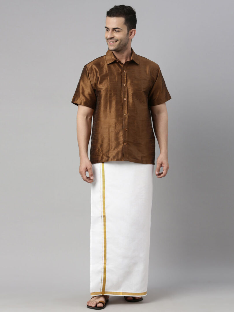 Men's Coffee And White Silk Blend Shirt And Mundu