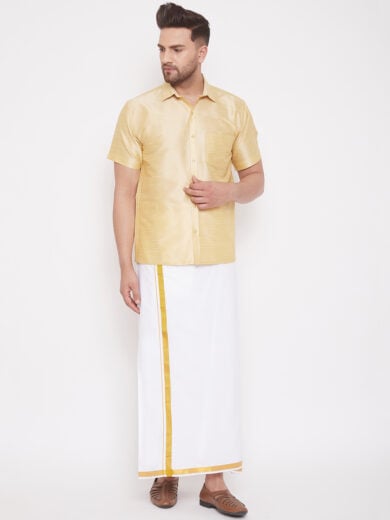 Men's Gold and White Silk Blend Shirt And Mundu