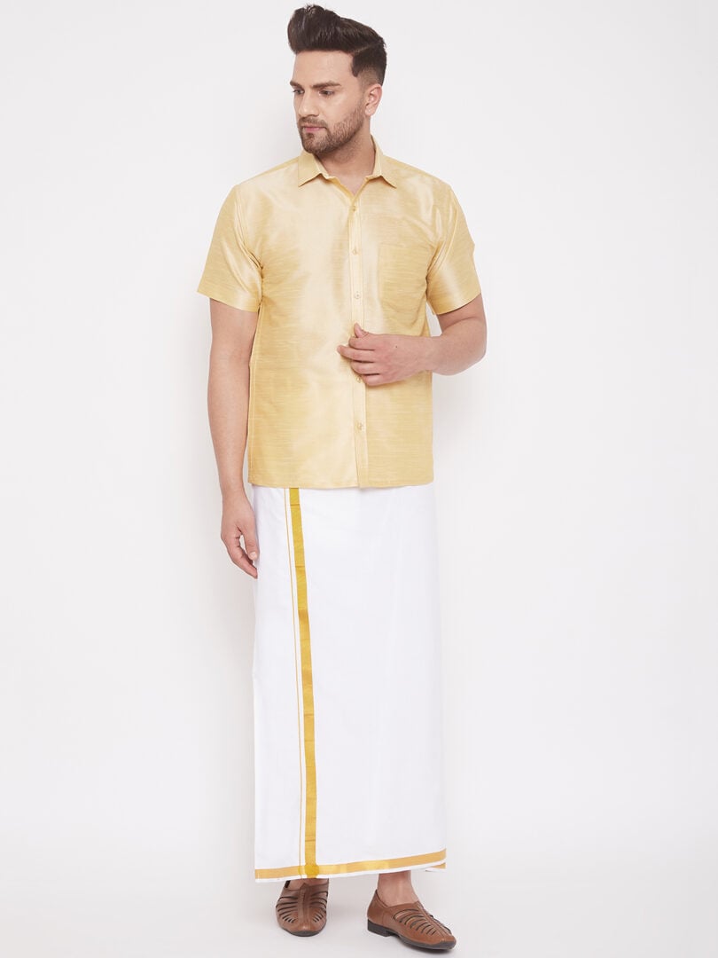 Men's Gold and White Silk Blend Shirt And Mundu