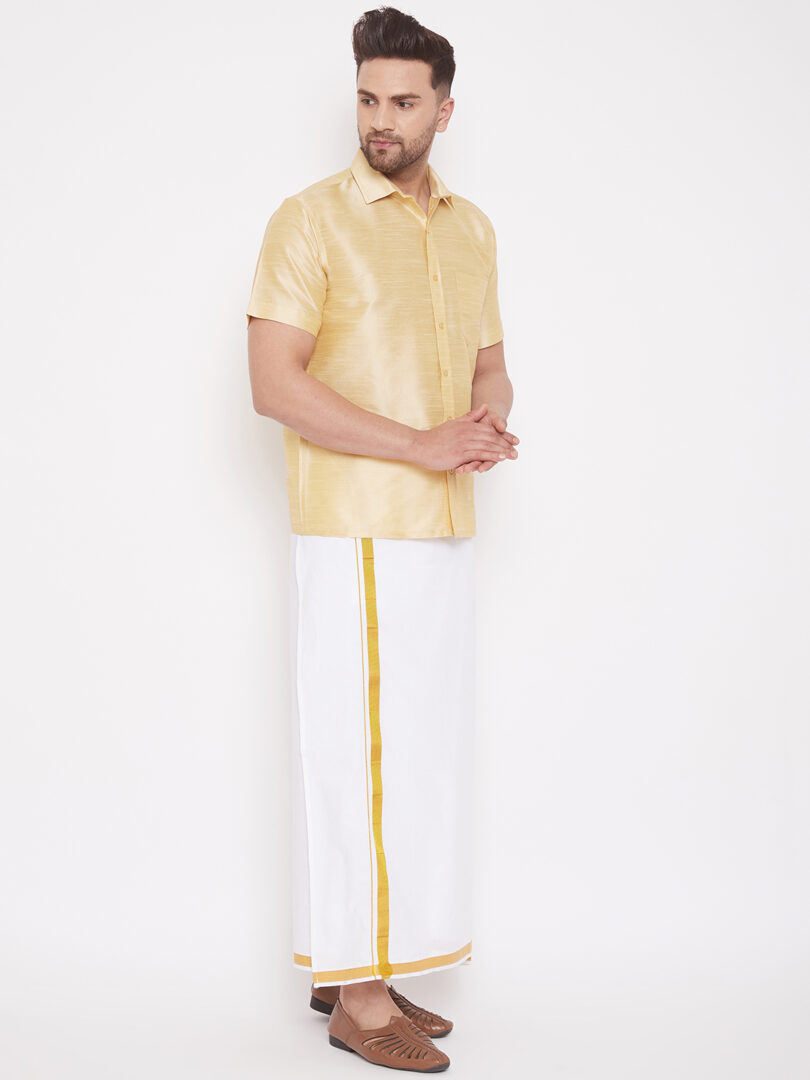 Men's Gold and White Silk Blend Shirt And Mundu