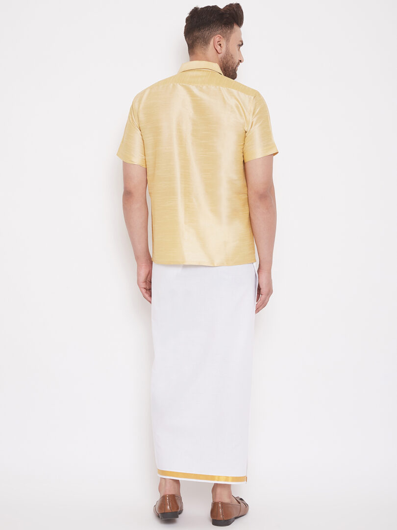 Men's Gold and White Silk Blend Shirt And Mundu