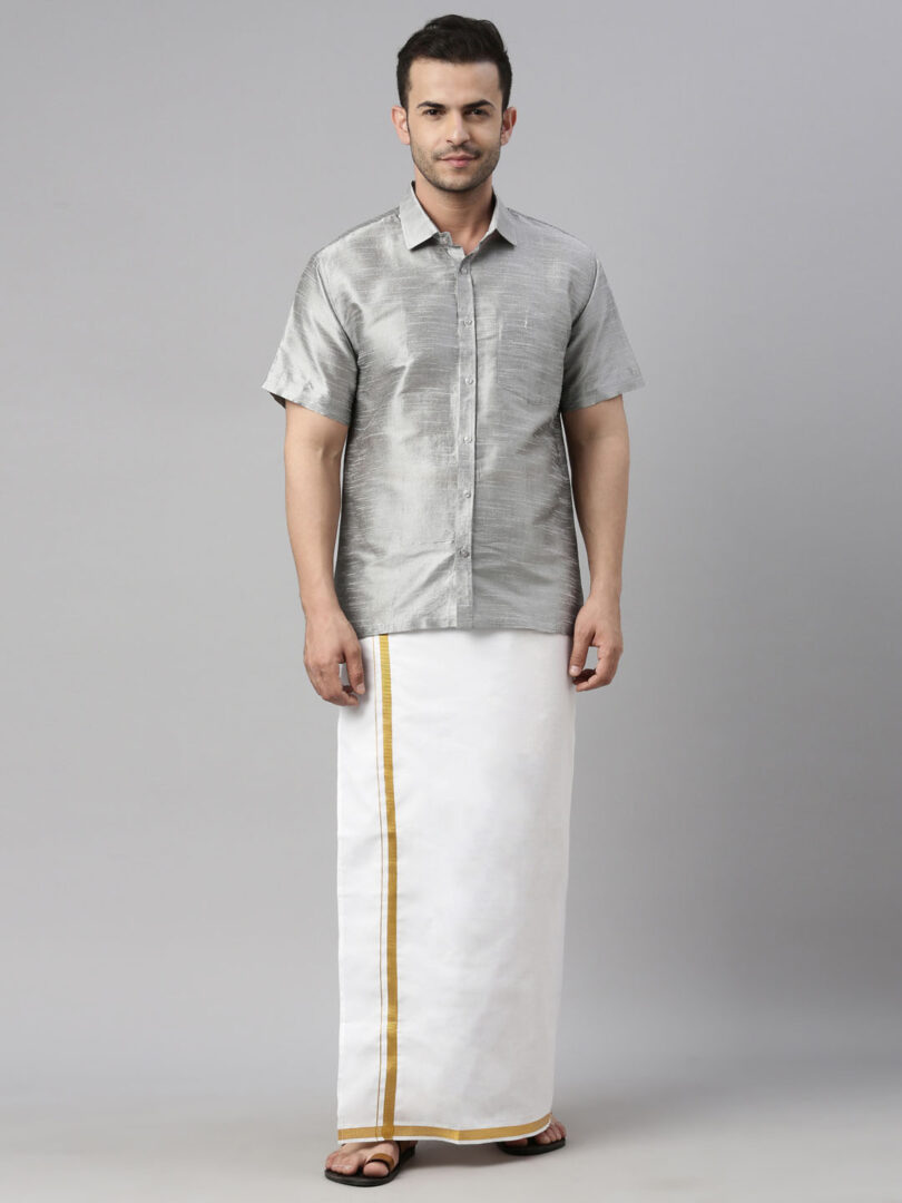 Men's Grey And White Silk Blend Shirt And Mundu