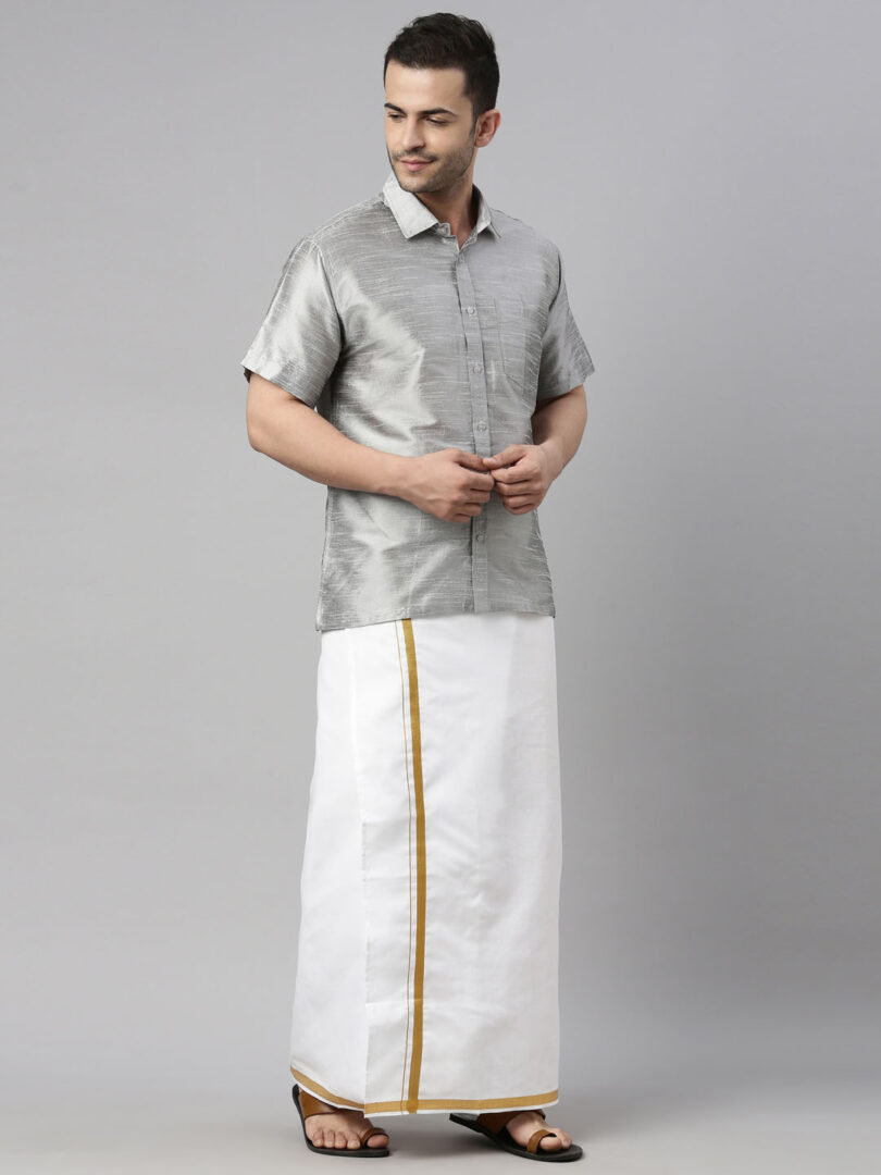 Men's Grey And White Silk Blend Shirt And Mundu