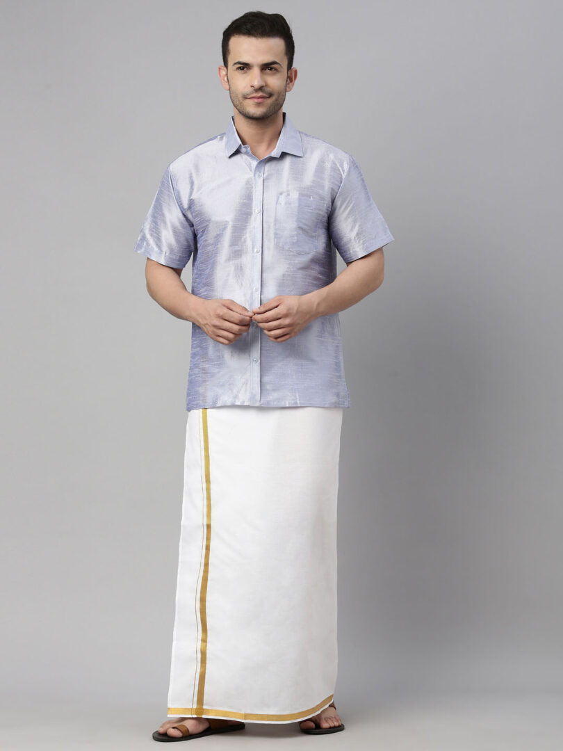 Men's Lavander And White Silk Blend Shirt And Mundu
