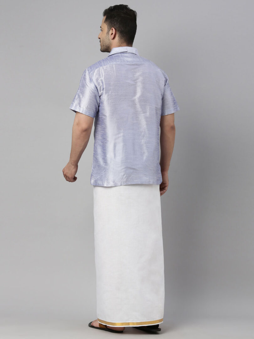 Men's Lavander And White Silk Blend Shirt And Mundu