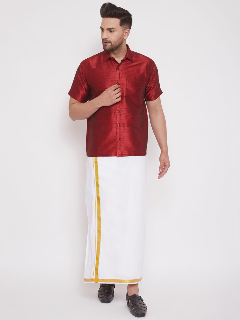 Men's Maroon and White Silk Blend Shirt And Mundu