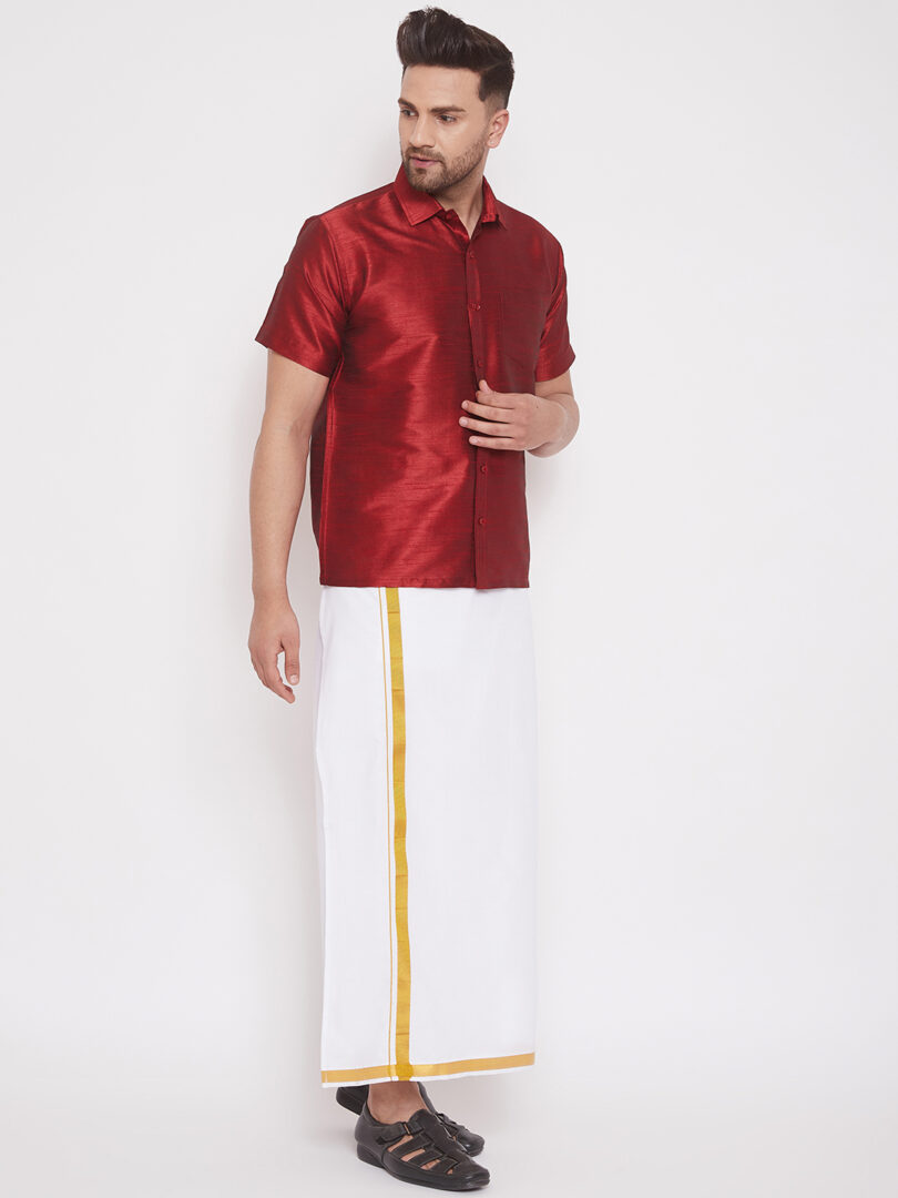 Men's Maroon and White Silk Blend Shirt And Mundu