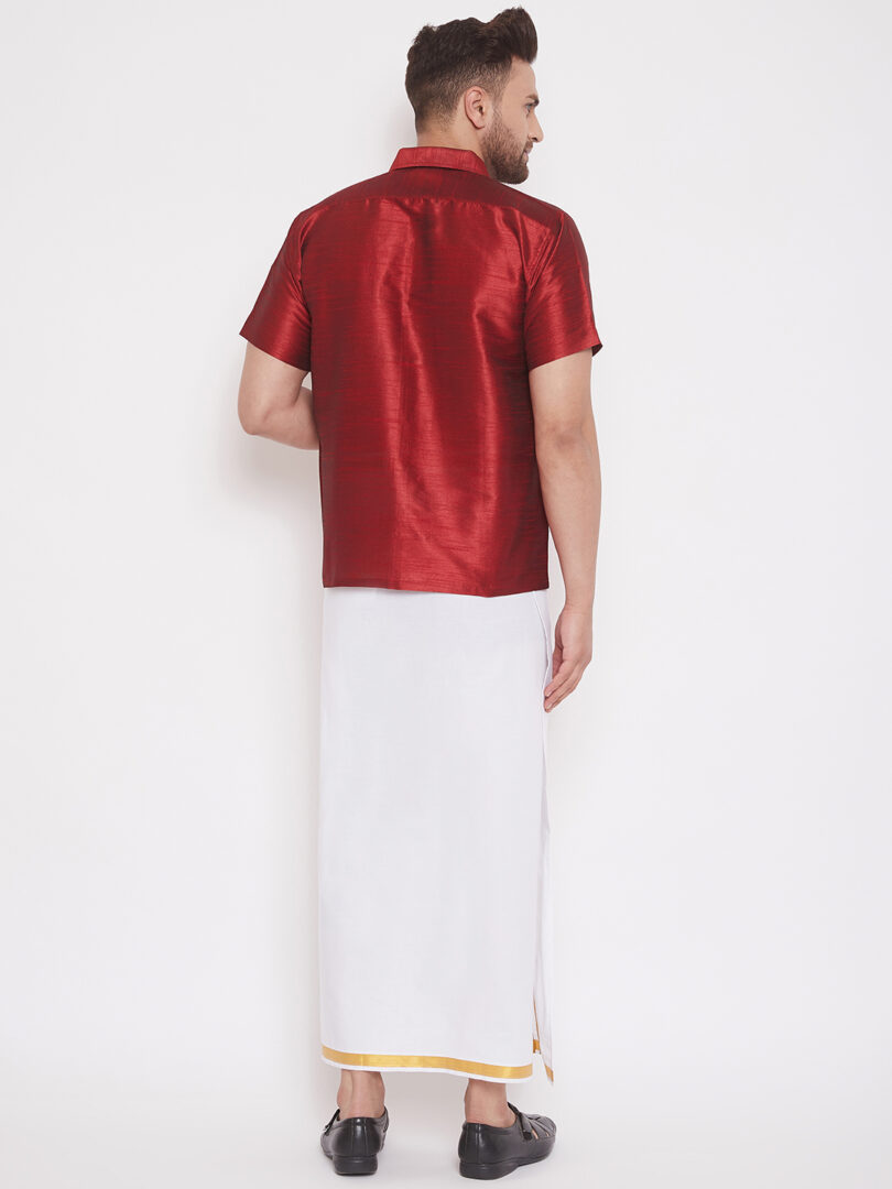 Men's Maroon and White Silk Blend Shirt And Mundu