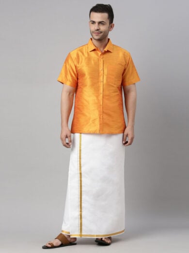 Men's Orange And White Silk Blend Shirt And Mundu