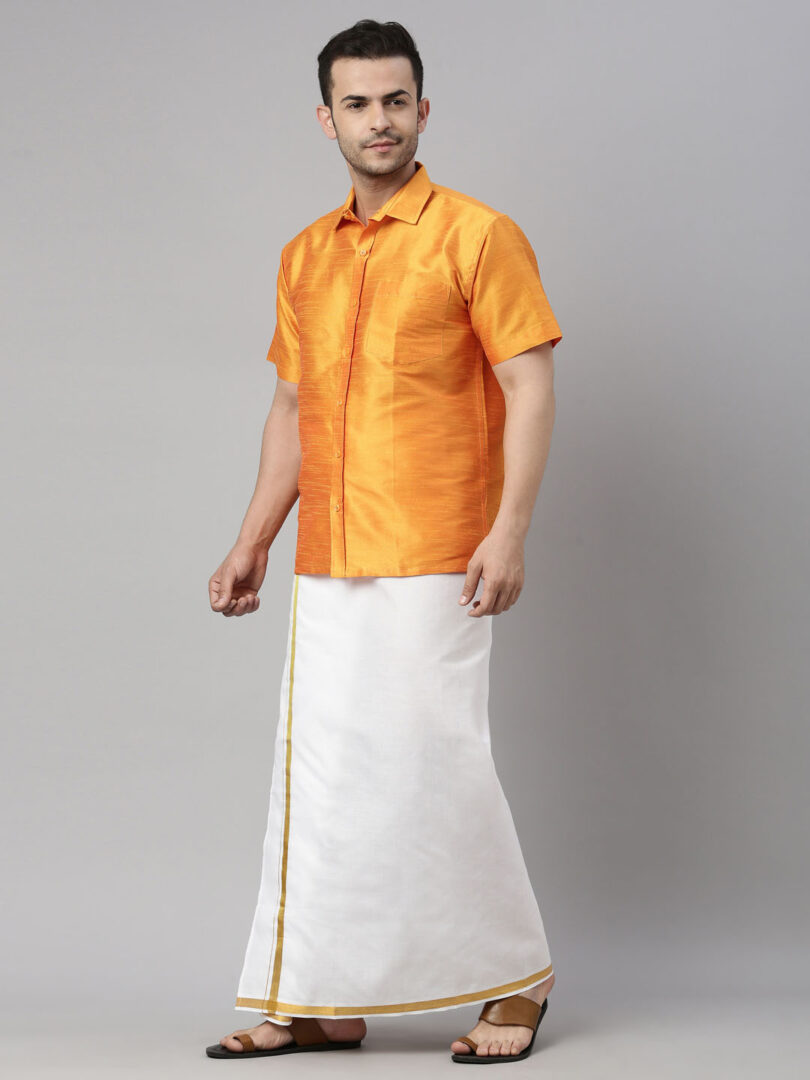 Men's Orange And White Silk Blend Shirt And Mundu