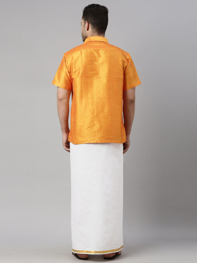 Men's Orange And White Silk Blend Shirt And Mundu