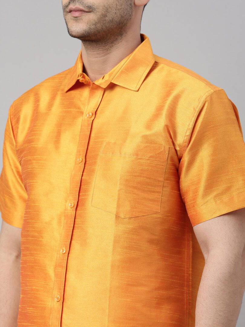 Men's Orange And White Silk Blend Shirt And Mundu