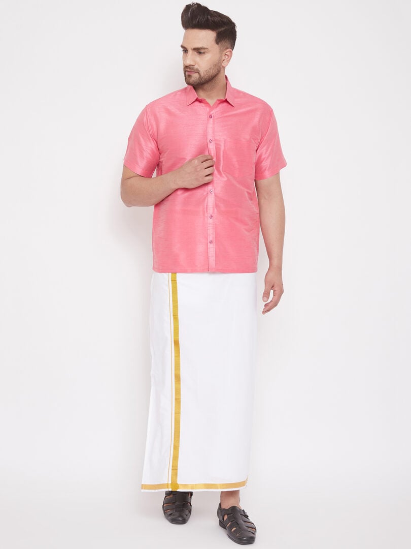 Men's Pink and White Silk Blend Shirt And Mundu