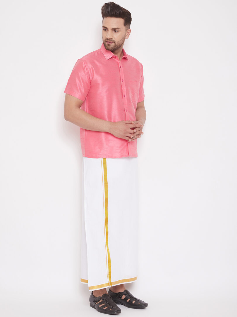 Men's Pink and White Silk Blend Shirt And Mundu