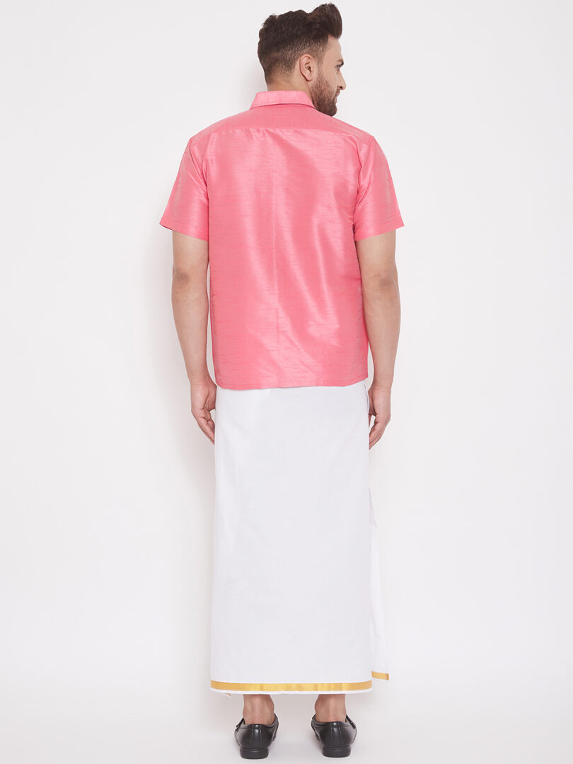 Men's Pink and White Silk Blend Shirt And Mundu