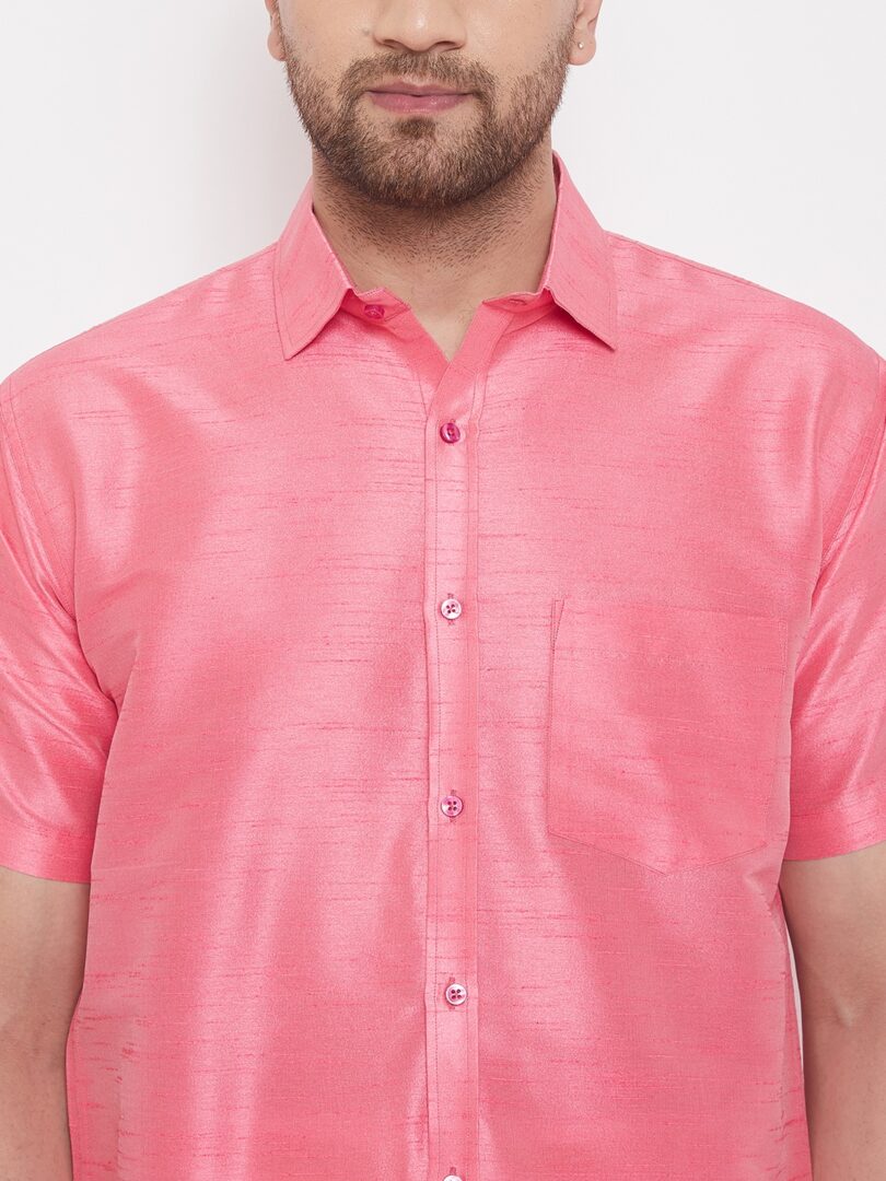 Men's Pink and White Silk Blend Shirt And Mundu