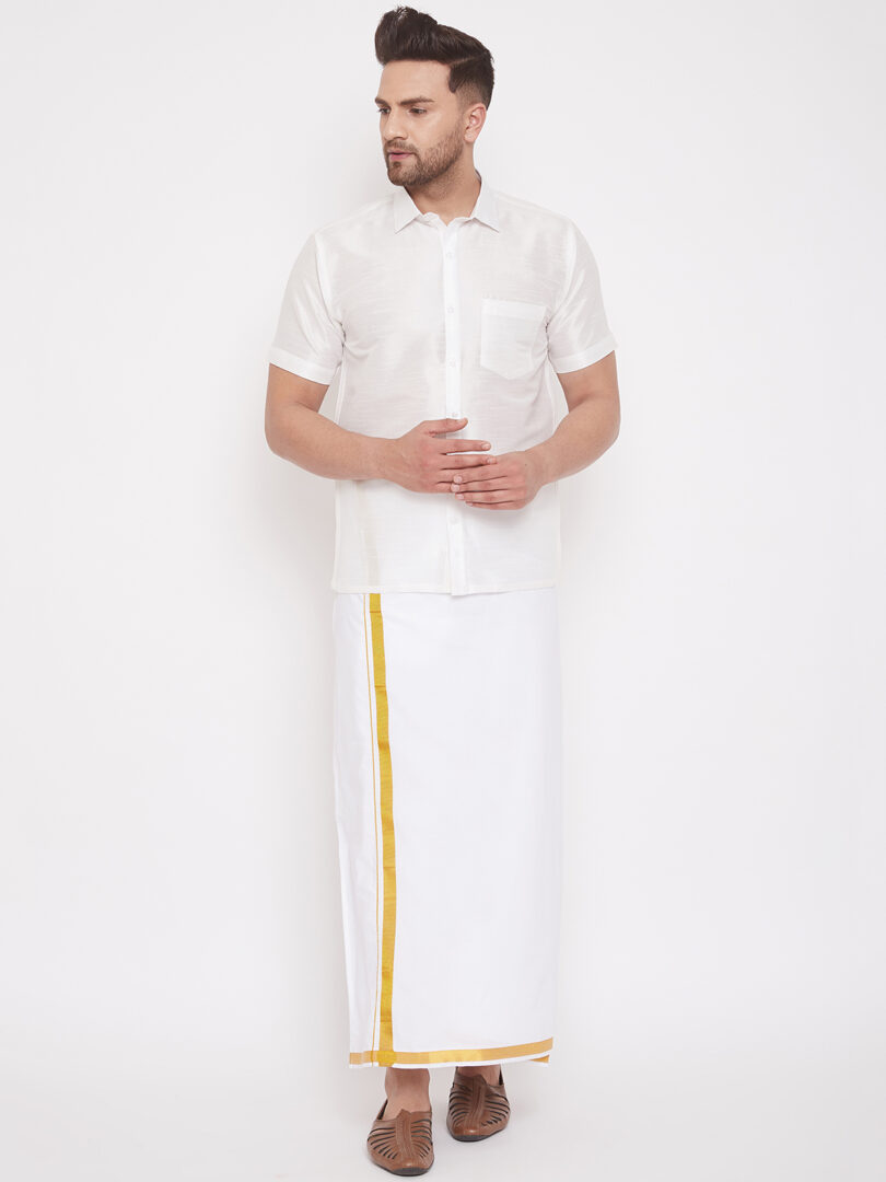 Men's White Silk Blend Shirt And Mundu