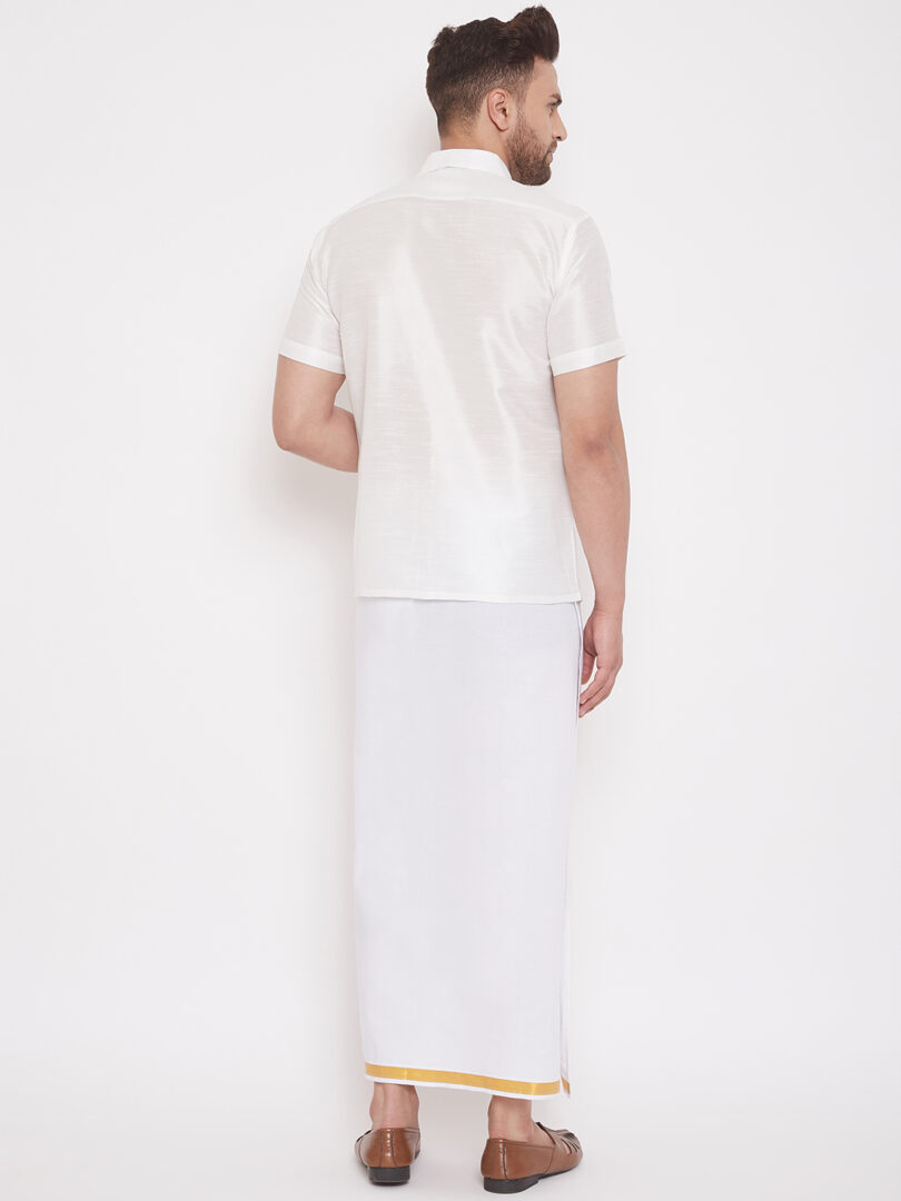 Men's White Silk Blend Shirt And Mundu