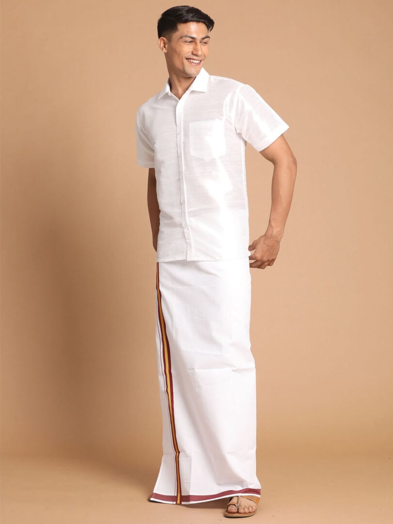 Men's White Silk Blend Shirt And Mundu