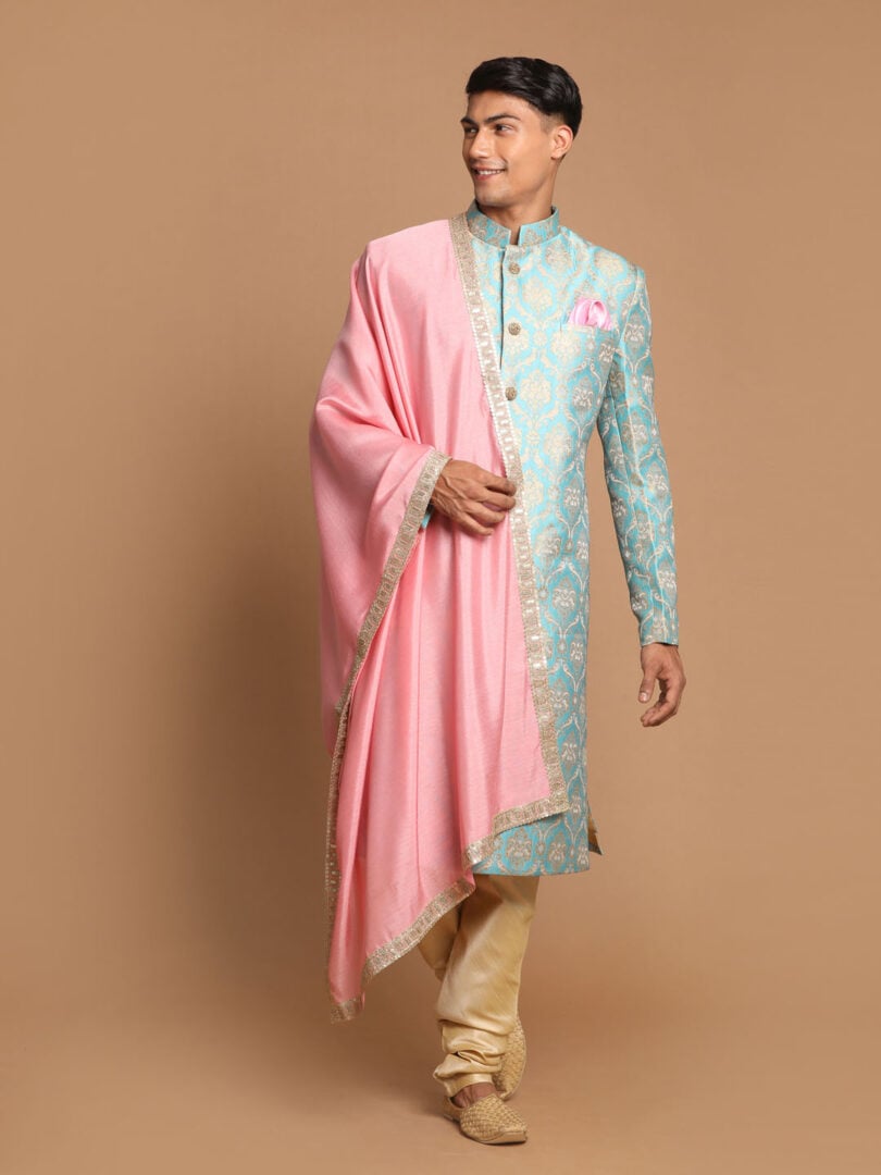 Men's Aqua, Pink And Gold Silk Blend Sherwani Set