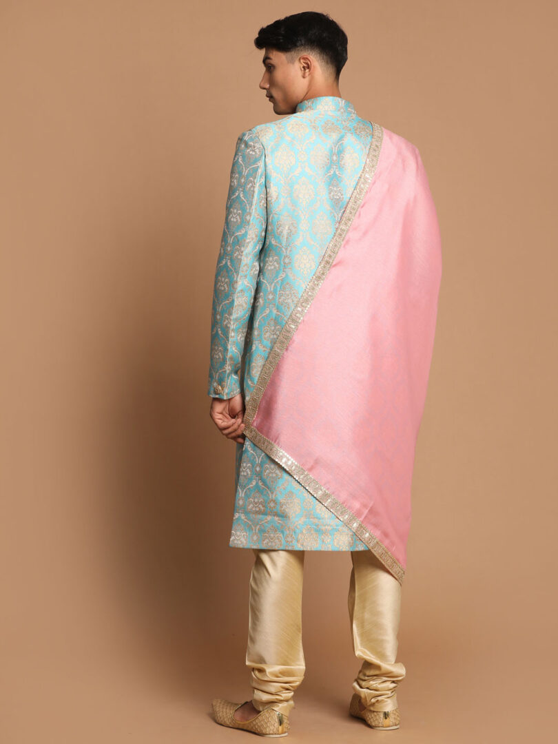 Men's Aqua, Pink And Gold Silk Blend Sherwani Set
