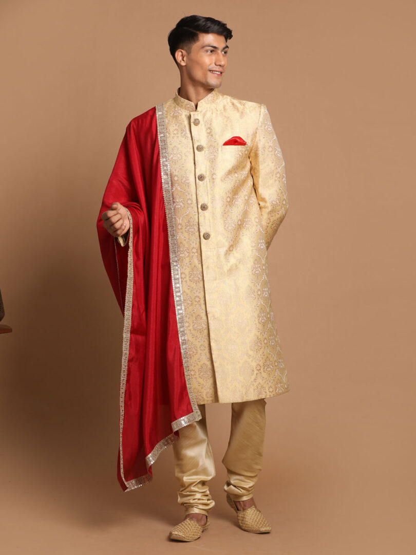 Men's Gold, Beige And Maroon Silk Blend Sherwani Set