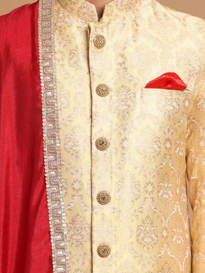 Men's Gold, Beige And Maroon Silk Blend Sherwani Set