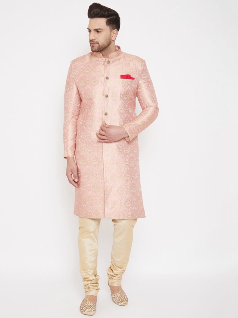 Men's Pink And Gold Silk Blend Sherwani Set