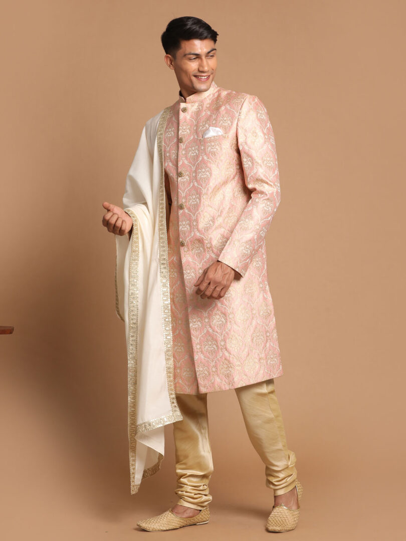 Men's Pink And Gold Silk Blend Sherwani Set