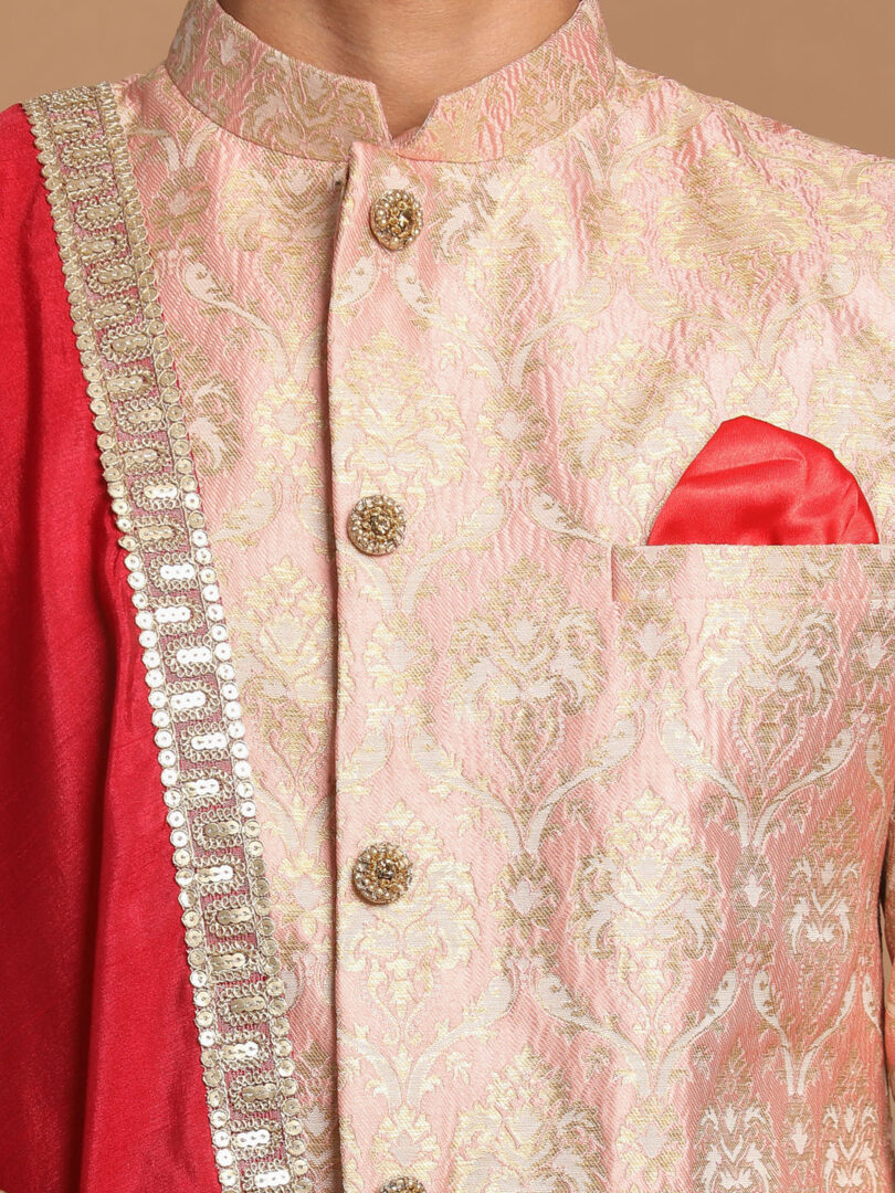 Men's Pink, Maroon And Gold Silk Blend Sherwani Set