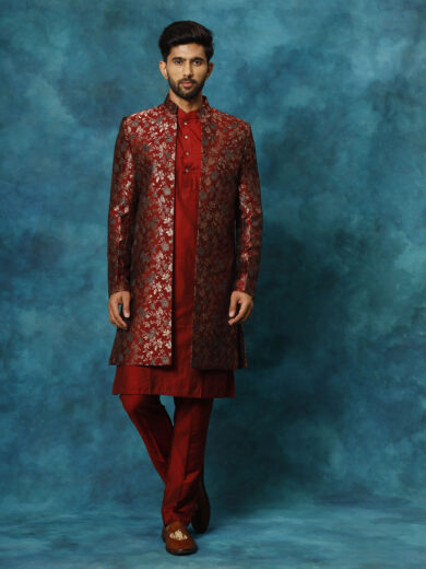 Men's Red Viscose Sherwani Set