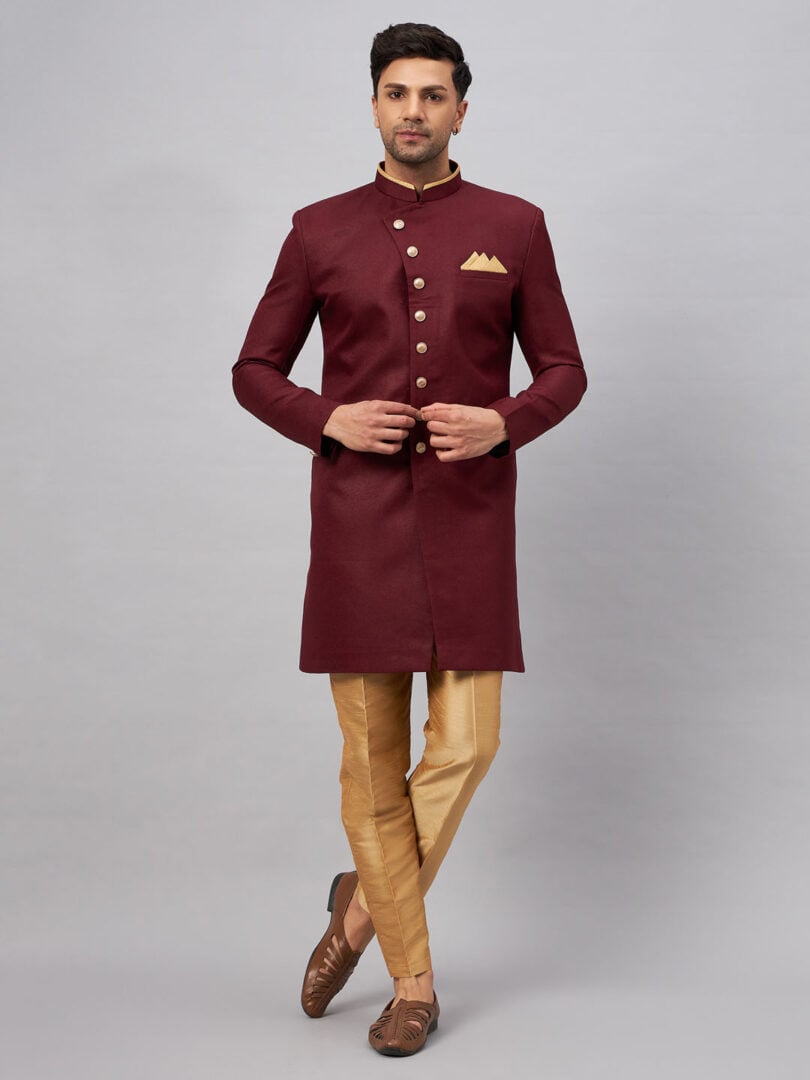 Men's Maroon And Rose Gold Silk Blend Sherwani Set