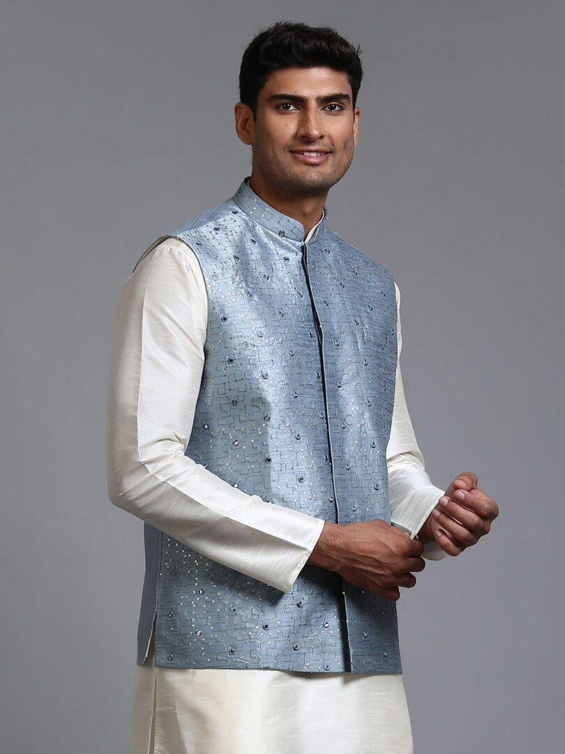 Men's Grey Mirror Work Nehru Jacket